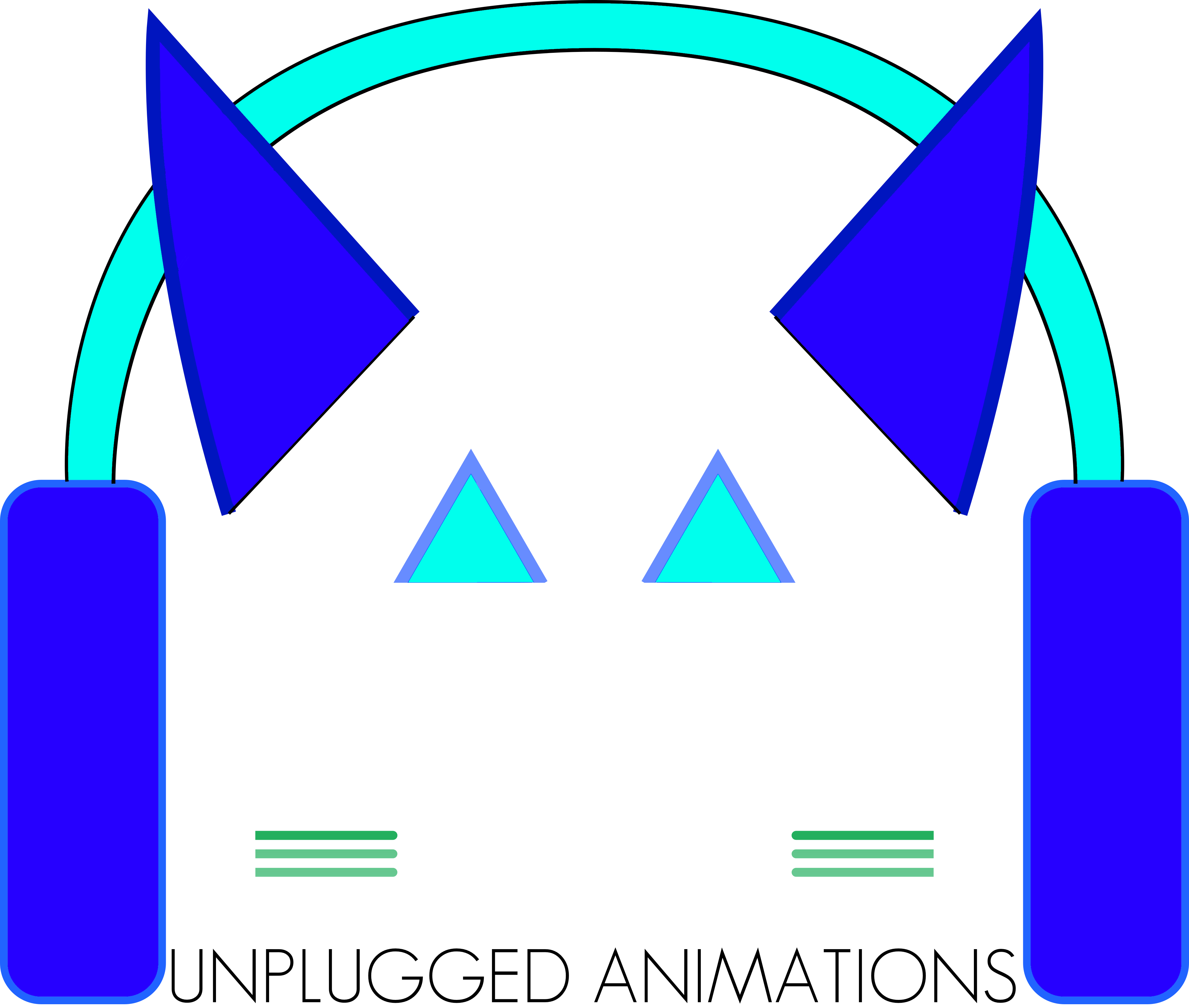 my 2018 unplugged animations/productions logo, which is shaped like a cat's face wearing headphones. it's all made out of primitive angular shapes. there are no cool gradients, the angles are a little clumsy and it generally feels like what a high school student using a program they don't fully understand would make, because that's what it is